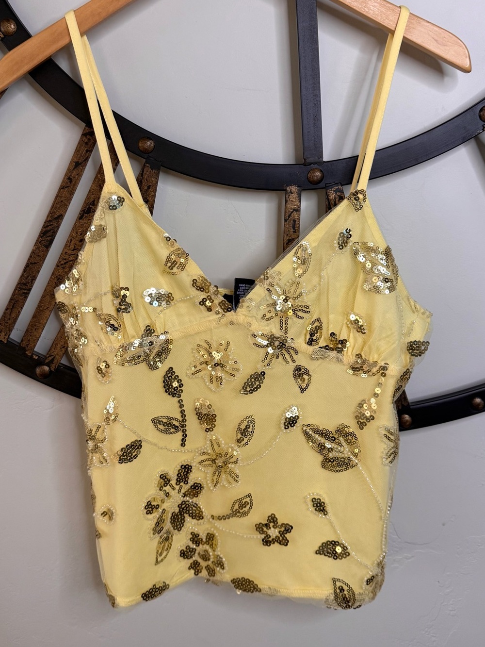 Yellow Sequin Floral Spaghetti-Strap Camisole